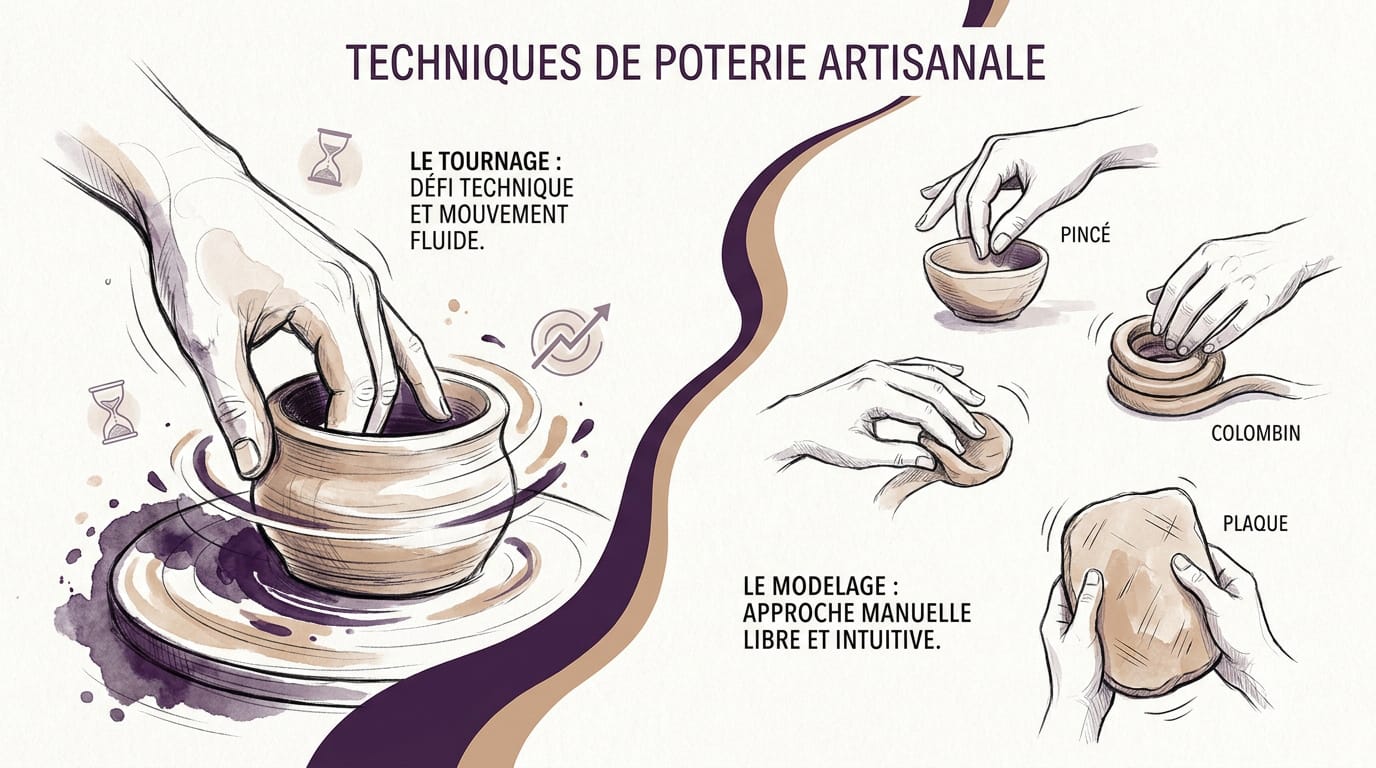 Comparaison entre le tournage sur tour de potier et le modelage manuel à l'Atelier CRU Poterie