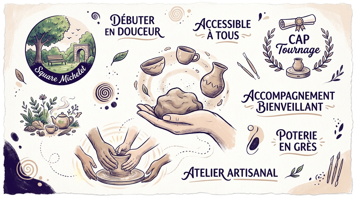 Infographie expliquant comment débuter la poterie en douceur à l'atelier CRU Marseille