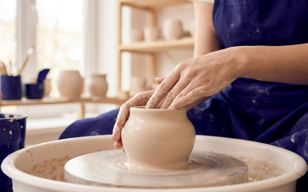 Gros plan sur les mains d'une potière façonnant un vase en argile sur un tour de potier dans un atelier.