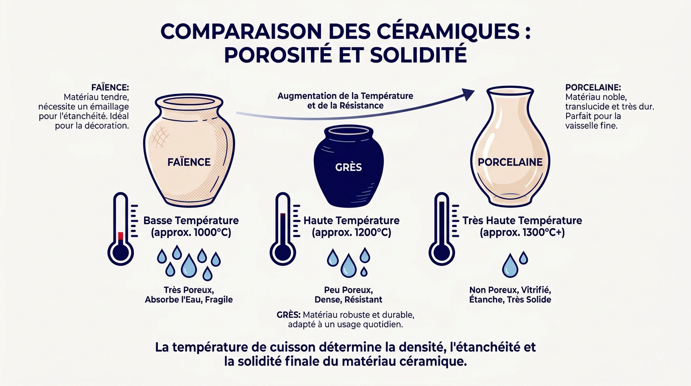 Comparaison de la porosité et de la solidité entre la faïence, le grès et la porcelaine