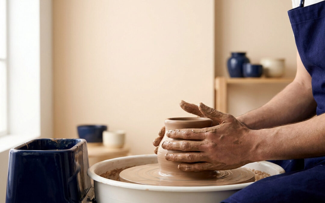 Un artisan potier en tablier bleu façonne un vase en argile sur un tour de potier dans un atelier lumineux.