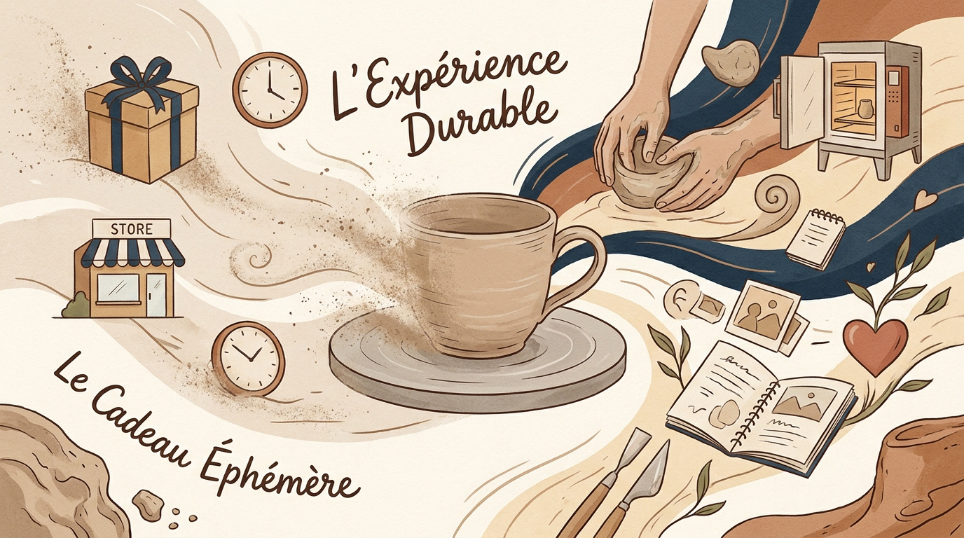 Comparaison entre la durabilité d'une expérience créative en poterie et le caractère éphémère d'un objet matériel