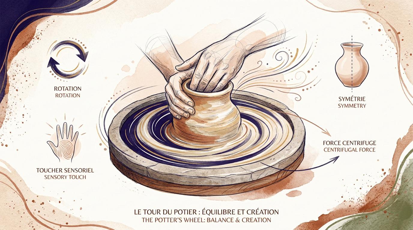 Mains d'un potier façonnant de l'argile sur un tour de potier en mouvement