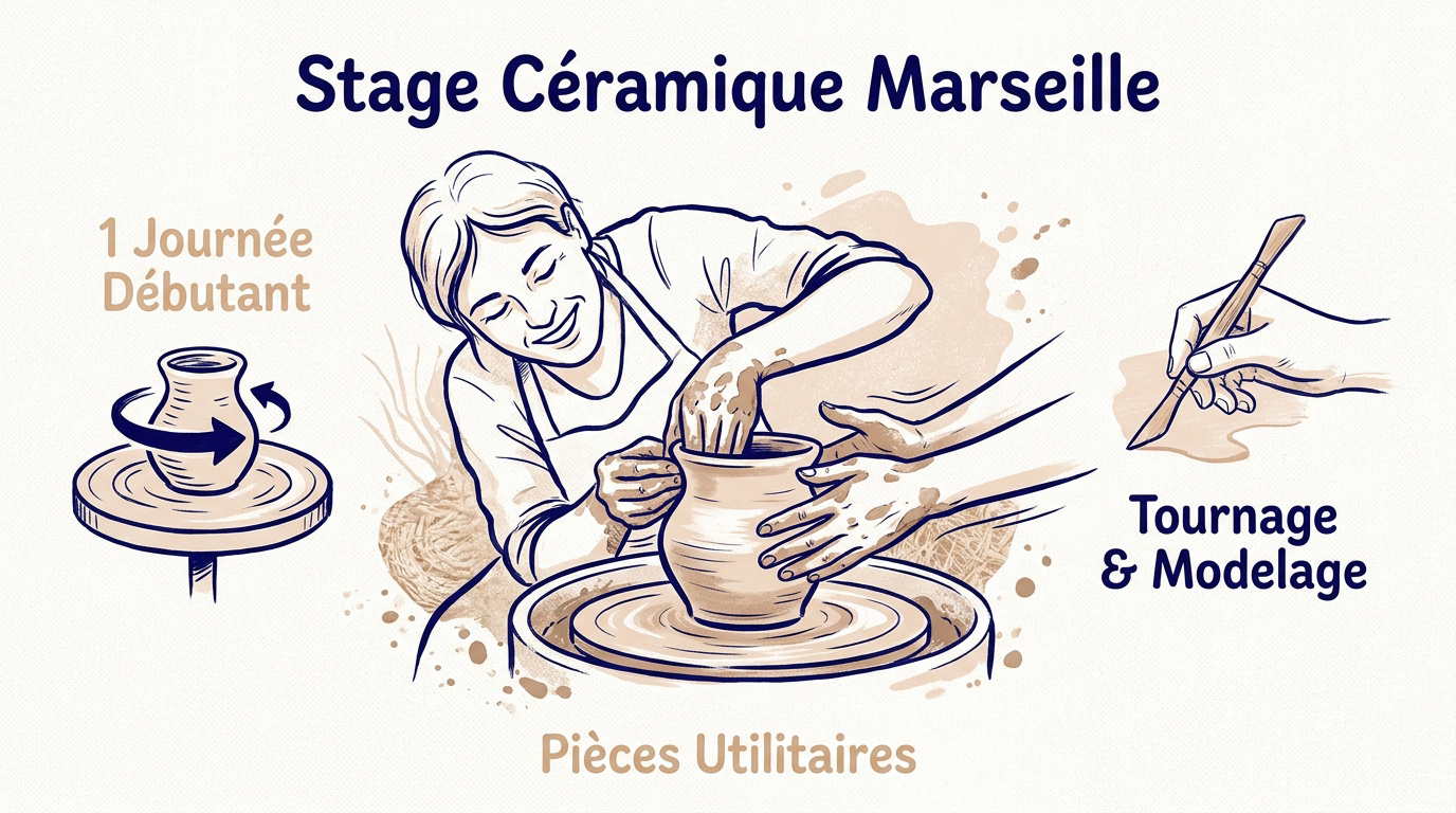 Apprentissage du tournage de l'argile lors d'un stage de céramique à Marseille